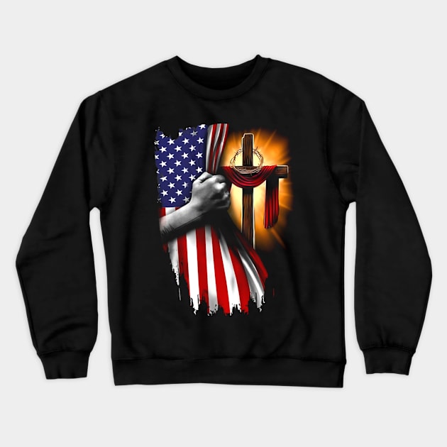 American Flag Cross Jesus Hand Pride Christian Nurse Heartbeat Crewneck Sweatshirt by ANGELA2-BRYANT